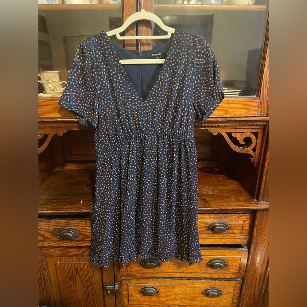 Madewell casual mini dress-popover V neck short sleeve: black polka dot